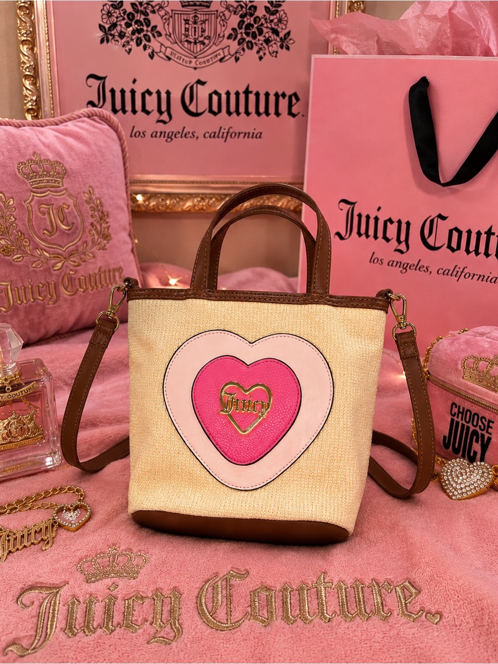 Juicy Couture “A Little Piece Of Heart” Woven Straw Mini Shopper Crossbody EUC